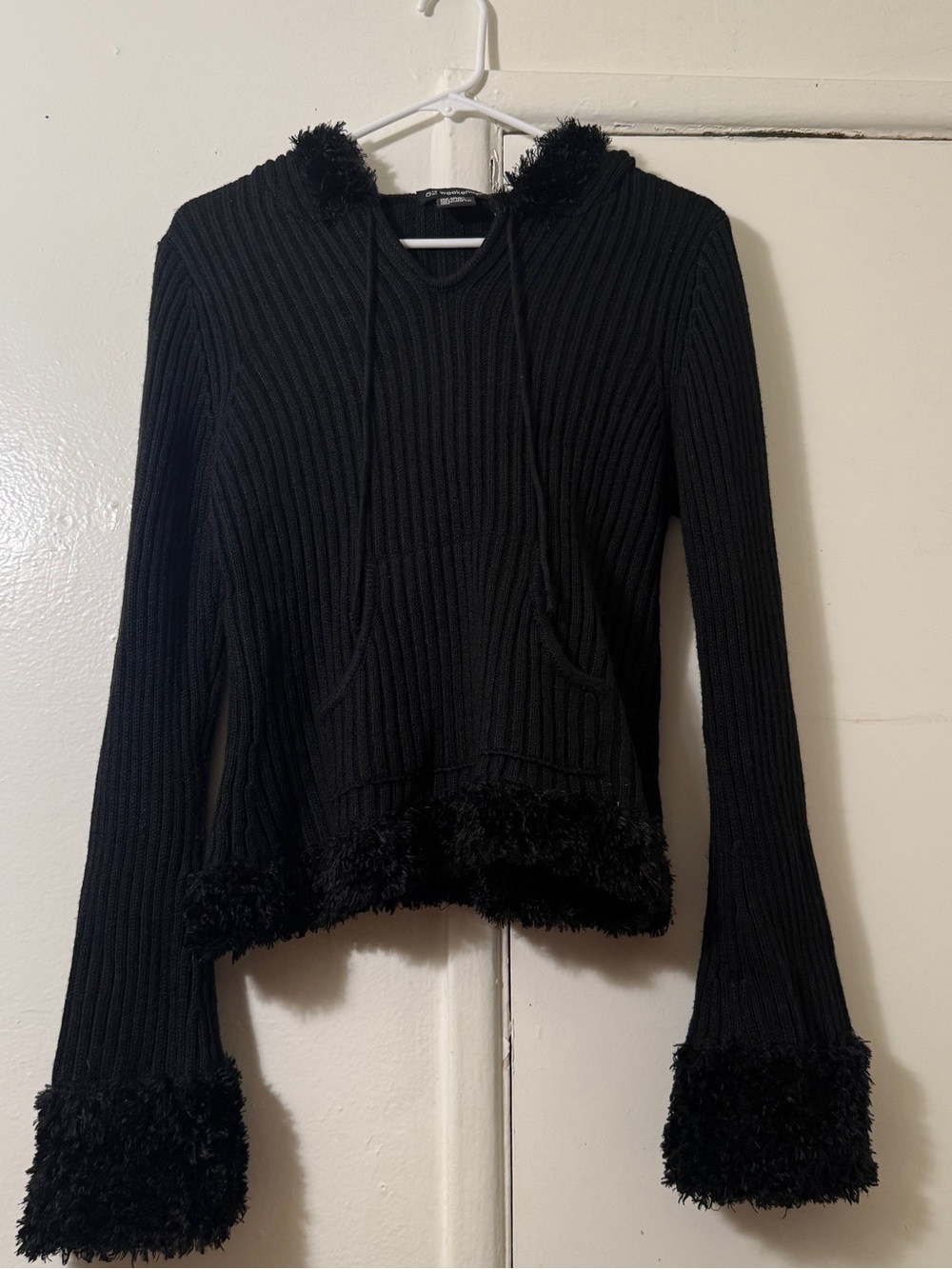 Vintage Y2K 52 Weekends Black Ribbed Knit Fur Trim Hoodie Sweater Flare Sleeve L